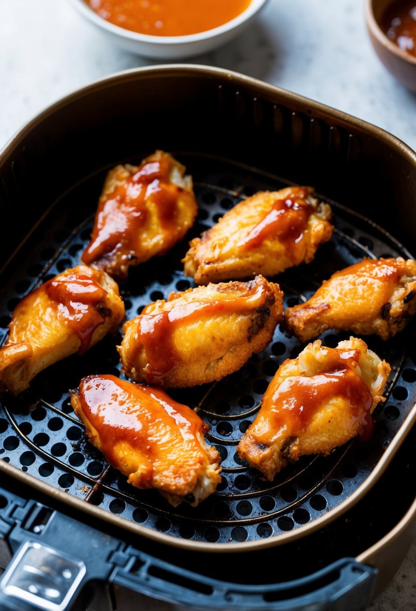 Golden crispy chicken wings sizzling in an air fryer, glazed with barbecue bourbon sauce