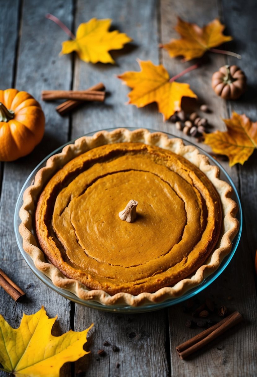 A golden-brown pumpkin pie sits on a rustic wooden table, surrounded by autumn leaves and a scattering of cinnamon sticks