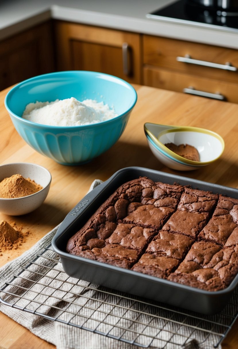 A kitchen counter with a mixing bowl, coconut flour, cocoa powder, and a pan of freshly baked brownies cooling on a wire rack