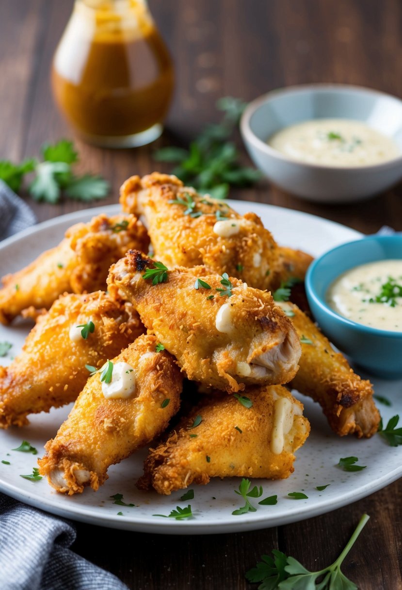 A plate of golden brown air-fried chicken wings coated in a savory garlic parmesan sauce, garnished with fresh herbs and served with a side of dipping sauce