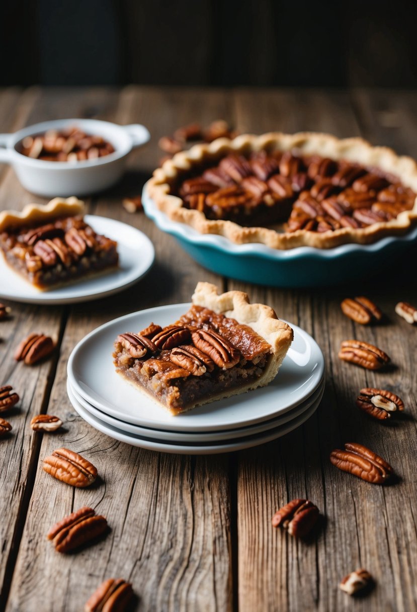 A rustic wooden table with pecan pie bars, a pie dish, and scattered pecans