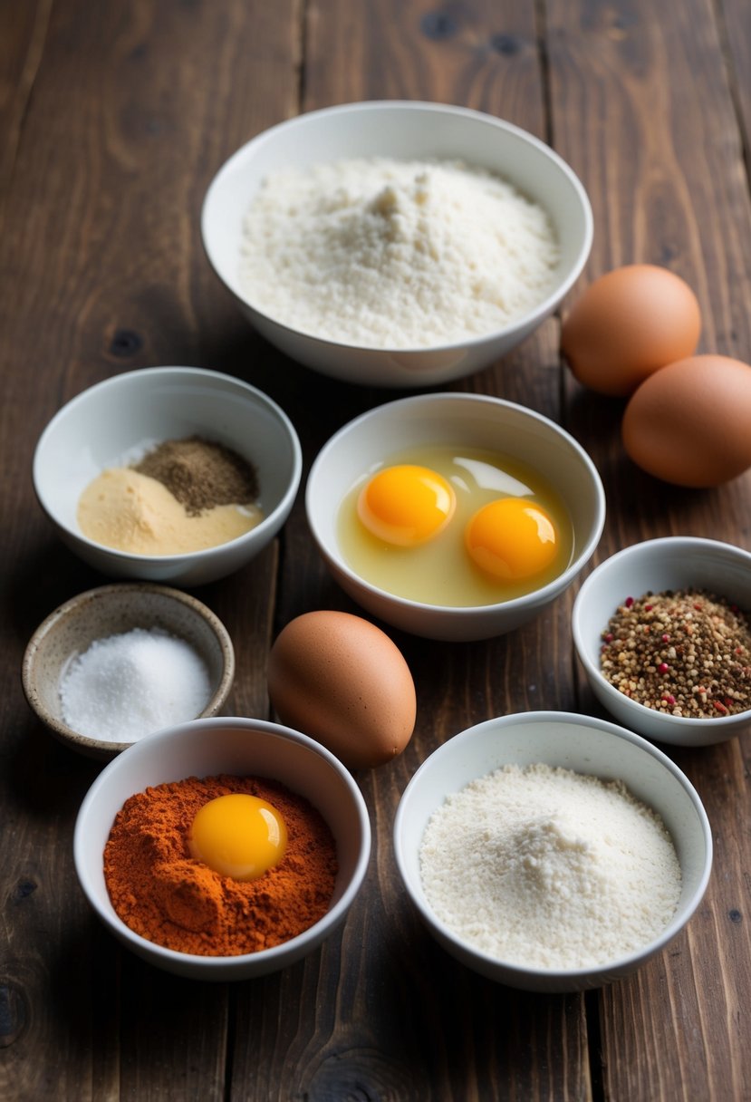 A wooden table with ingredients - coconut flour, eggs, and spices - arranged for making coconut flour pizza crust