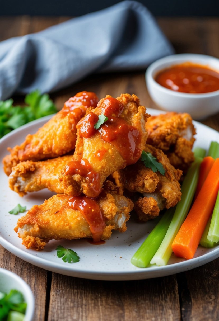 A plate of crispy air-fried chicken wings coated in spicy Korean Gochujang sauce, with a side of fresh celery and carrot sticks