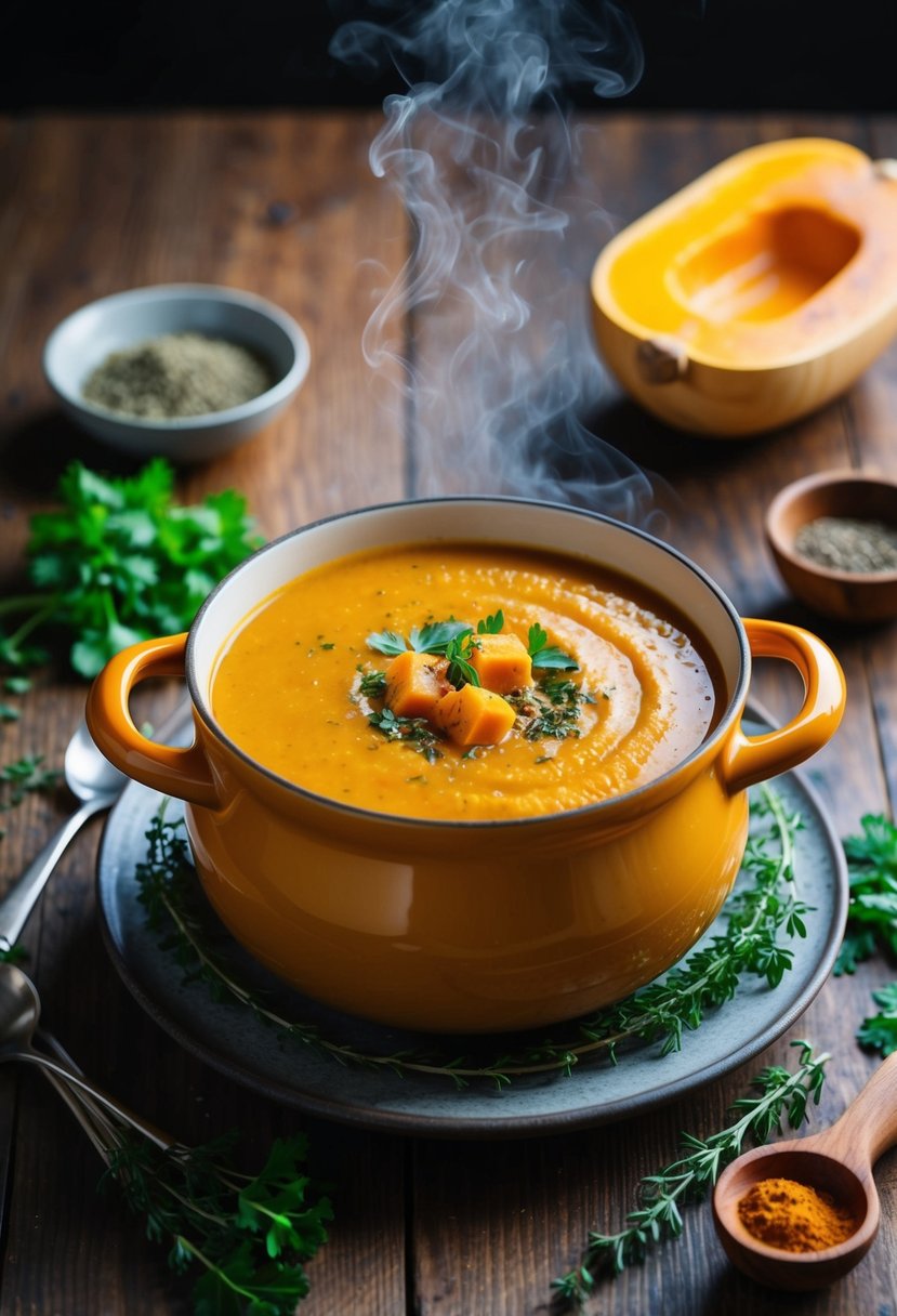 A steaming pot of butternut squash soup surrounded by fresh herbs and spices on a rustic wooden table