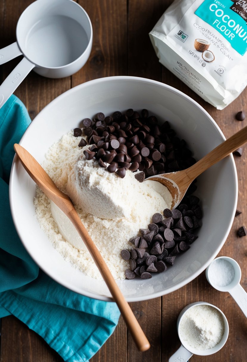 A mixing bowl filled with coconut flour, chocolate chips, and a wooden spoon, surrounded by measuring cups and a bag of coconut flour