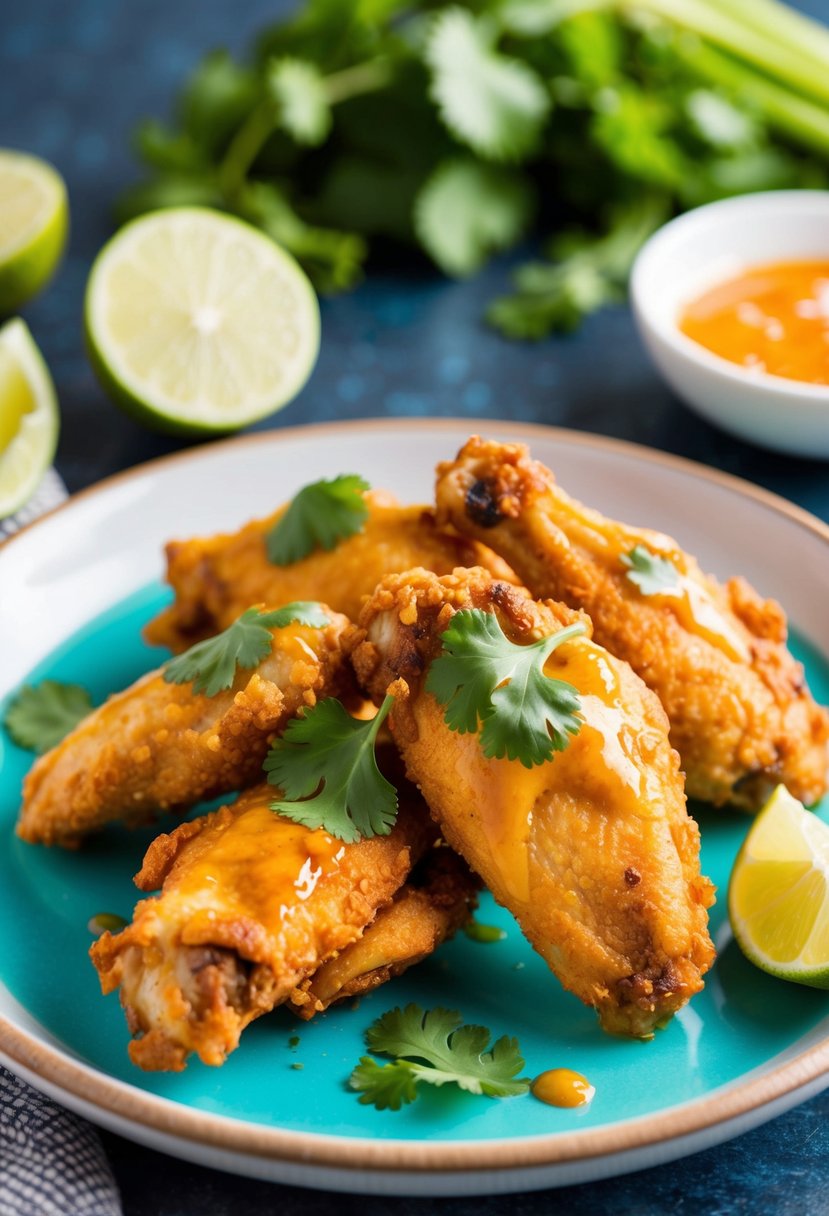 A plate of golden brown air-fried chicken wings coated in a vibrant Thai chili lime sauce, garnished with fresh cilantro and lime wedges