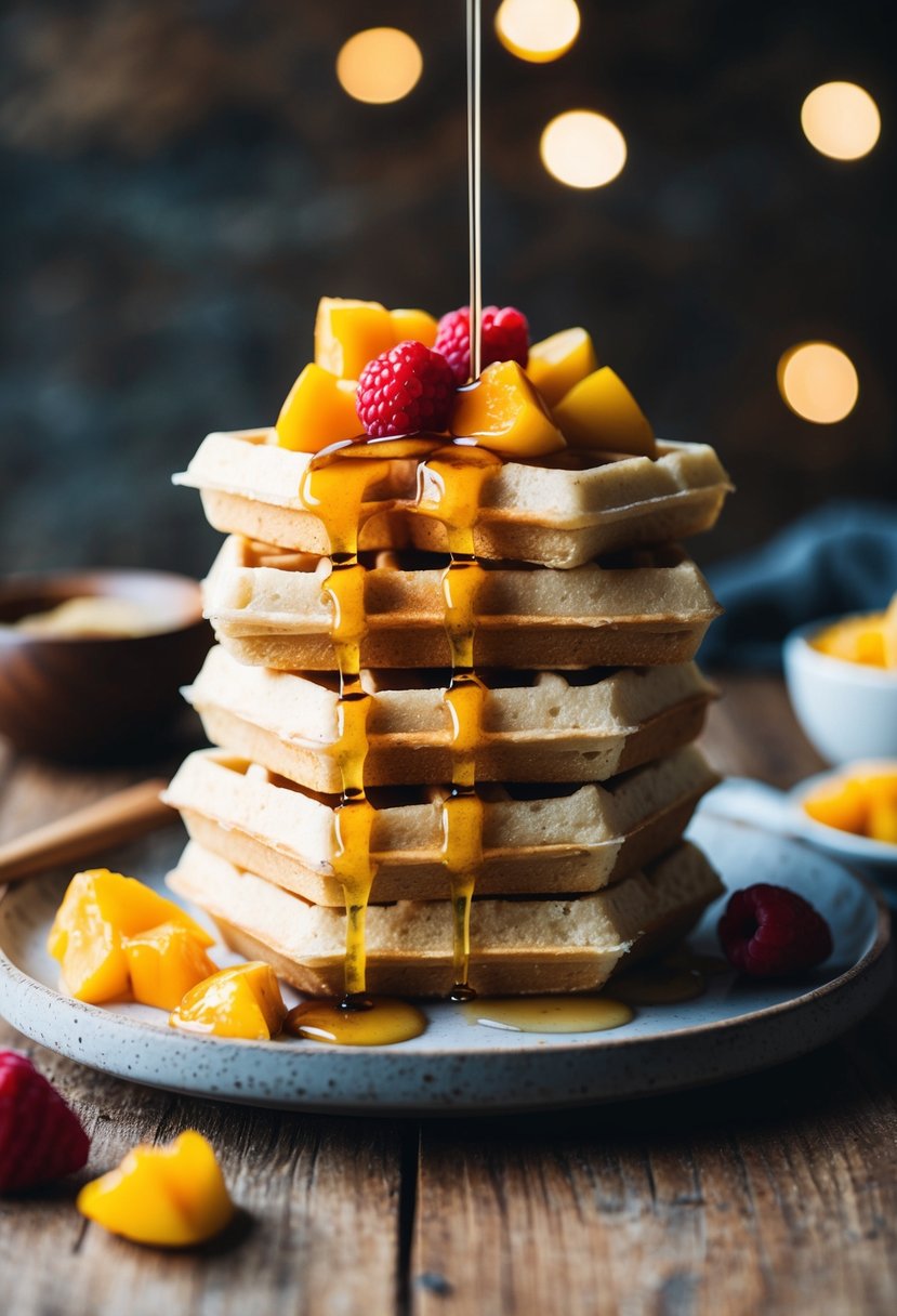 A stack of coconut flour waffles topped with fresh fruit and drizzled with syrup on a rustic wooden table