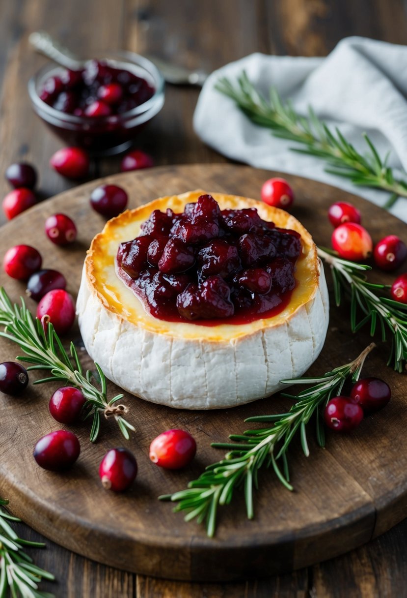 A round of baked brie topped with cranberry chutney sits on a rustic wooden board, surrounded by fresh cranberries and sprigs of rosemary