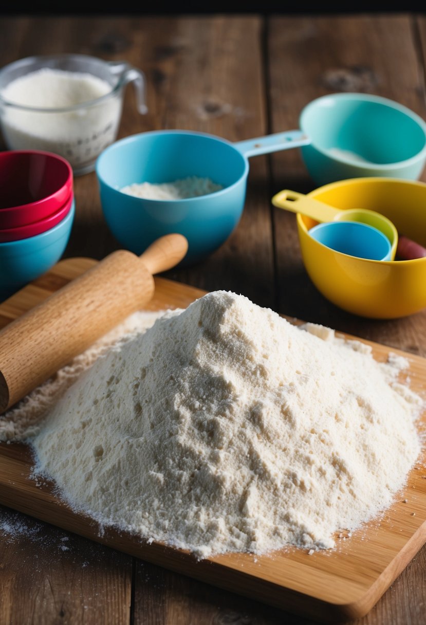 A wooden cutting board with a pile of coconut flour surrounded by a mixing bowl, measuring cups, and a rolling pin