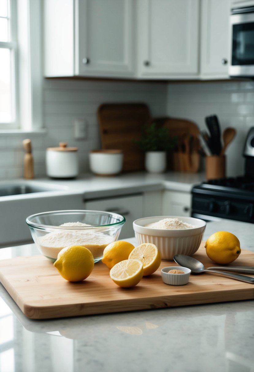 A kitchen counter with ingredients and utensils for making coconut flour lemon bars