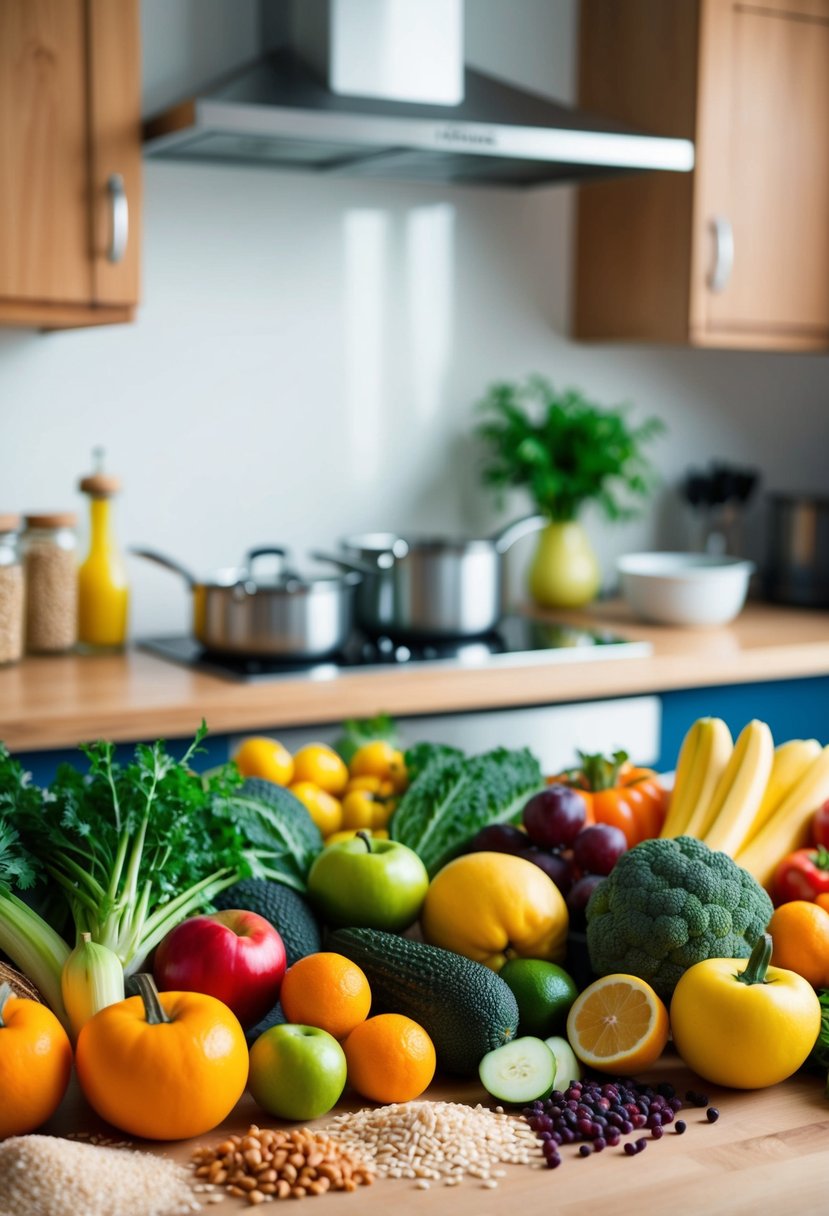 A colorful array of fresh fruits, vegetables, and whole grains arranged on a kitchen counter, with pots and pans in the background