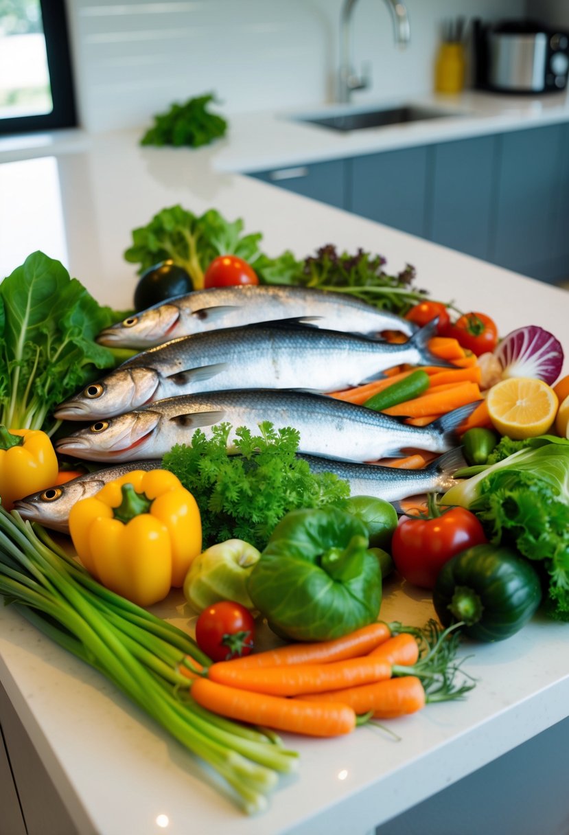 A colorful array of fresh fish, leafy greens, and vibrant vegetables arranged on a clean, modern kitchen countertop