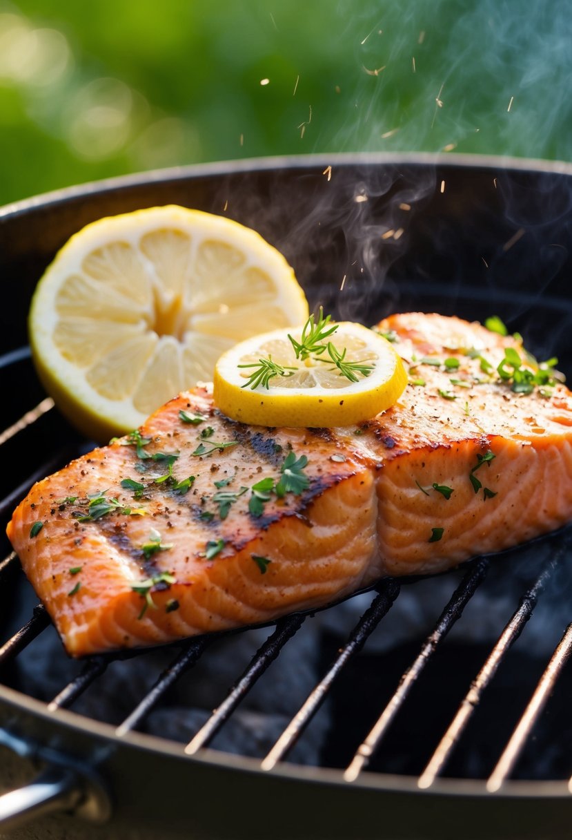 A sizzling salmon fillet seasoned with herbs and drizzled with lemon, grilling on a barbecue