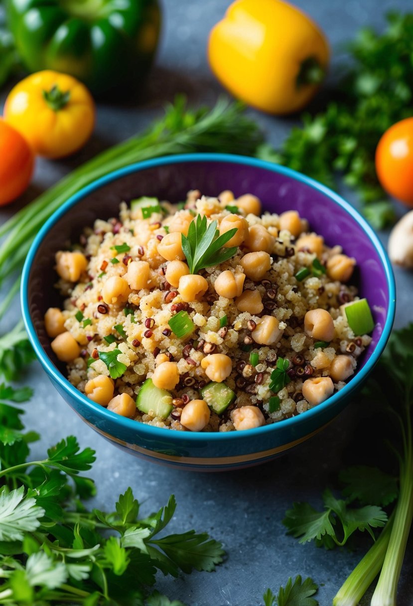 A colorful bowl of quinoa salad with chickpeas, surrounded by fresh vegetables and herbs