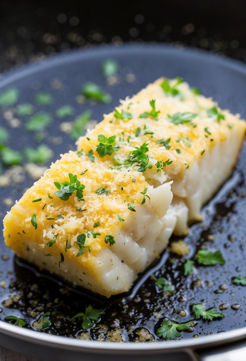 A piece of cod fillet coated in parmesan and herbs, sizzling in a skillet