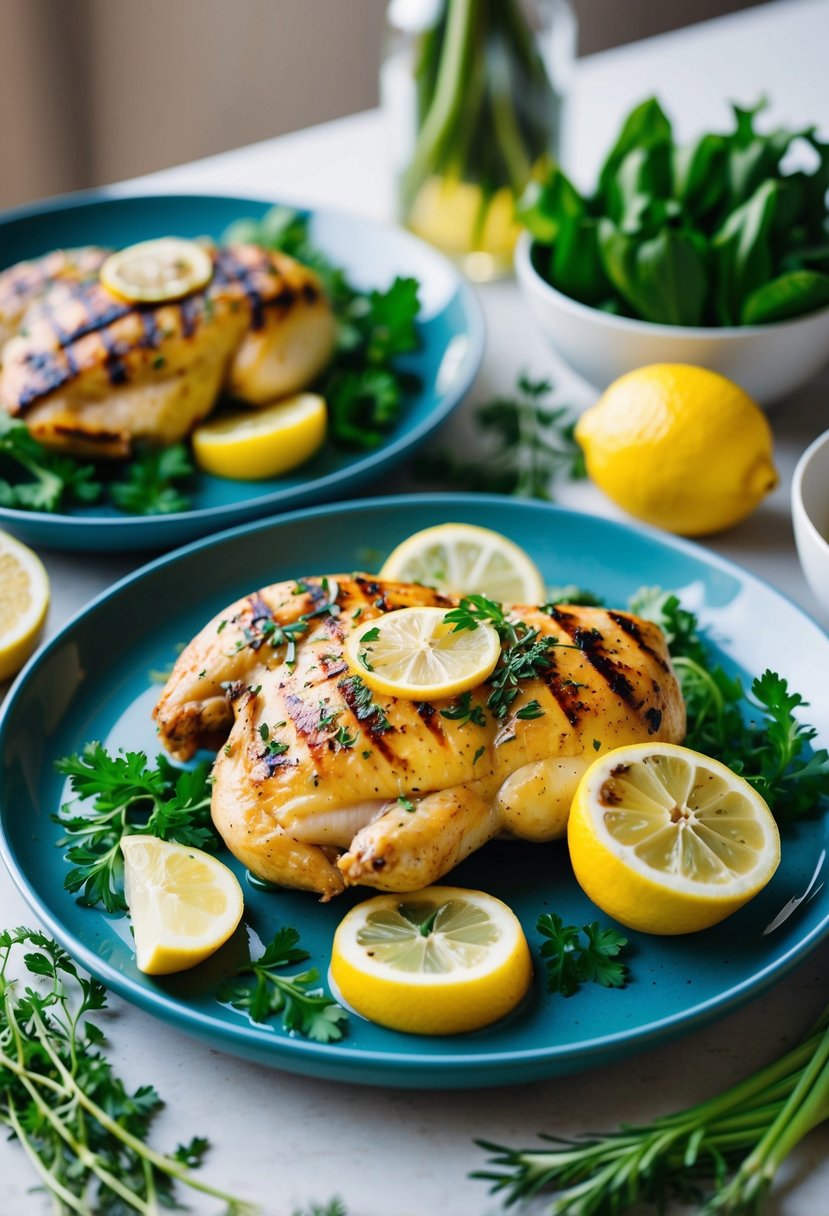 A table set with grilled lemon herb chicken, surrounded by fresh vegetables and herbs