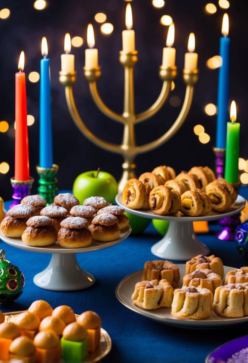 A table with a variety of hannukah desserts, including sufganiyot, rugelach, and apple fritters, surrounded by colorful dreidels and lit menorah candles