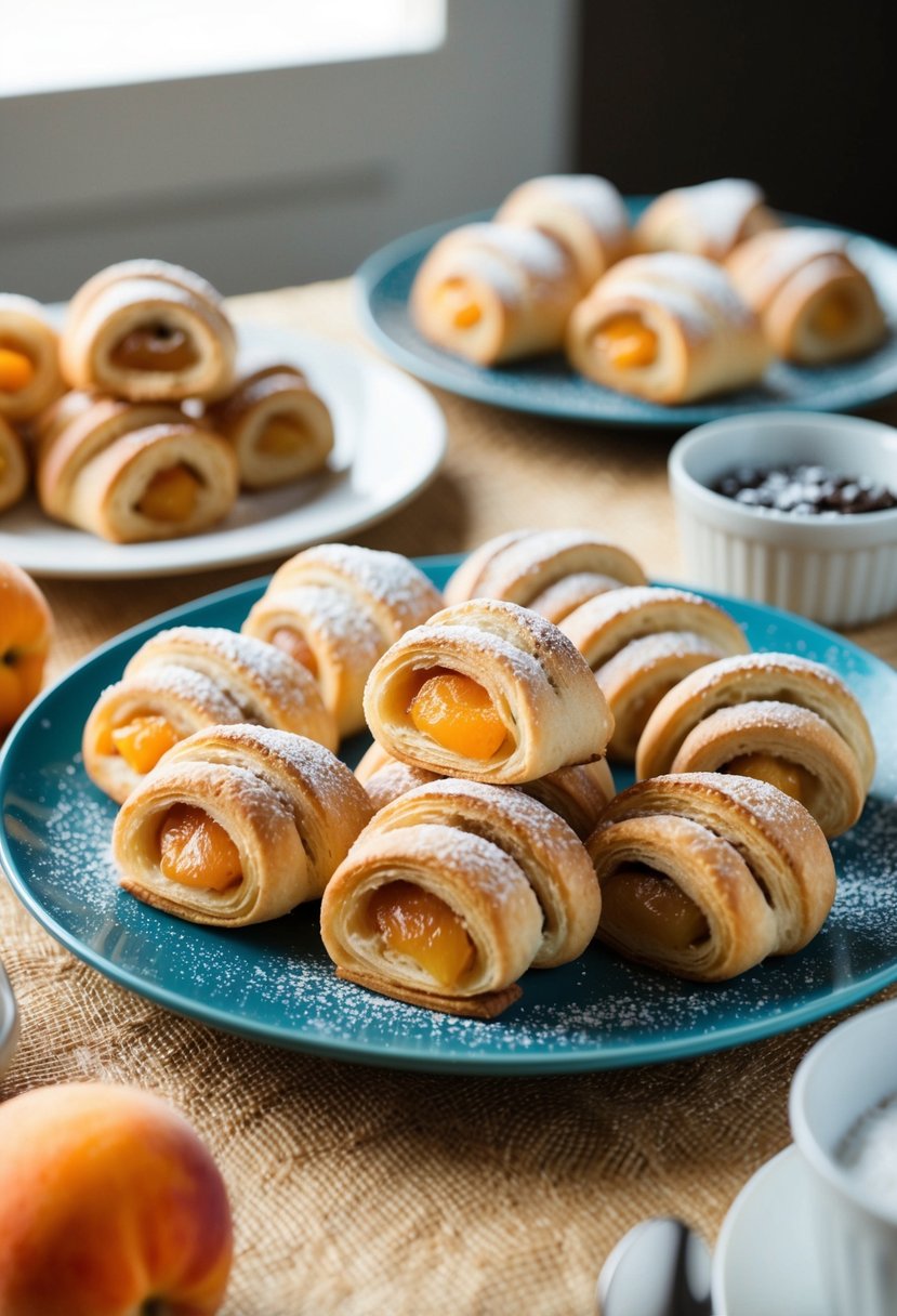 A table set with a variety of rugelach pastries, topped with apricot filling and powdered sugar