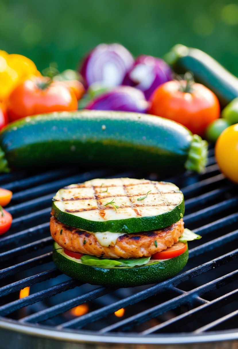 A sizzling zucchini salmon burger on a grill, surrounded by colorful low-carb vegetables