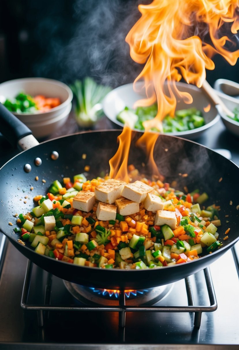 A colorful array of chopped vegetables and tofu sizzling in a wok over a hot flame, emitting a tantalizing aroma