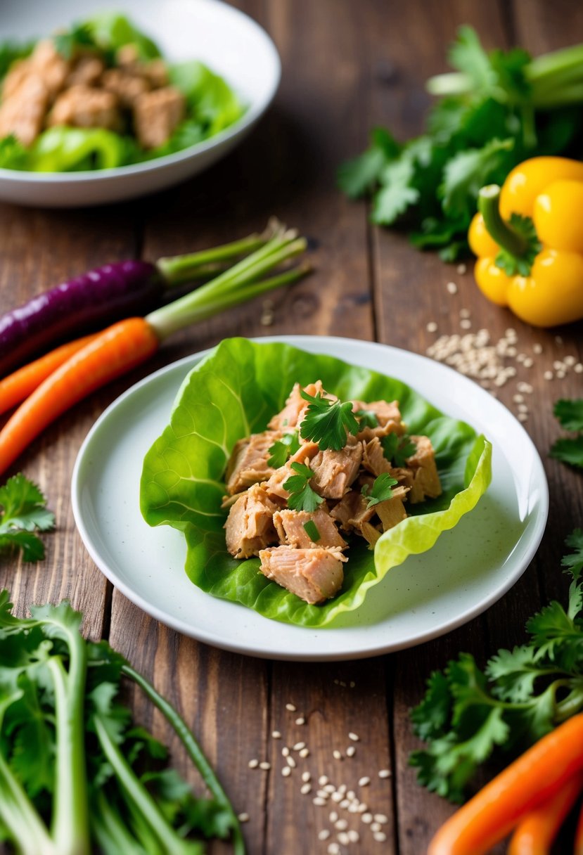 A plate of spicy tuna lettuce wraps surrounded by colorful vegetables on a wooden table