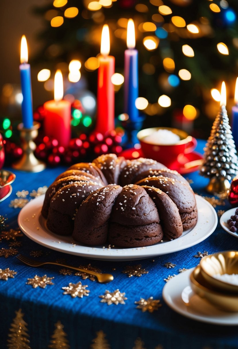 A warm, freshly baked chocolate babka sits on a festive Hanukkah table, surrounded by flickering candles and traditional holiday decorations