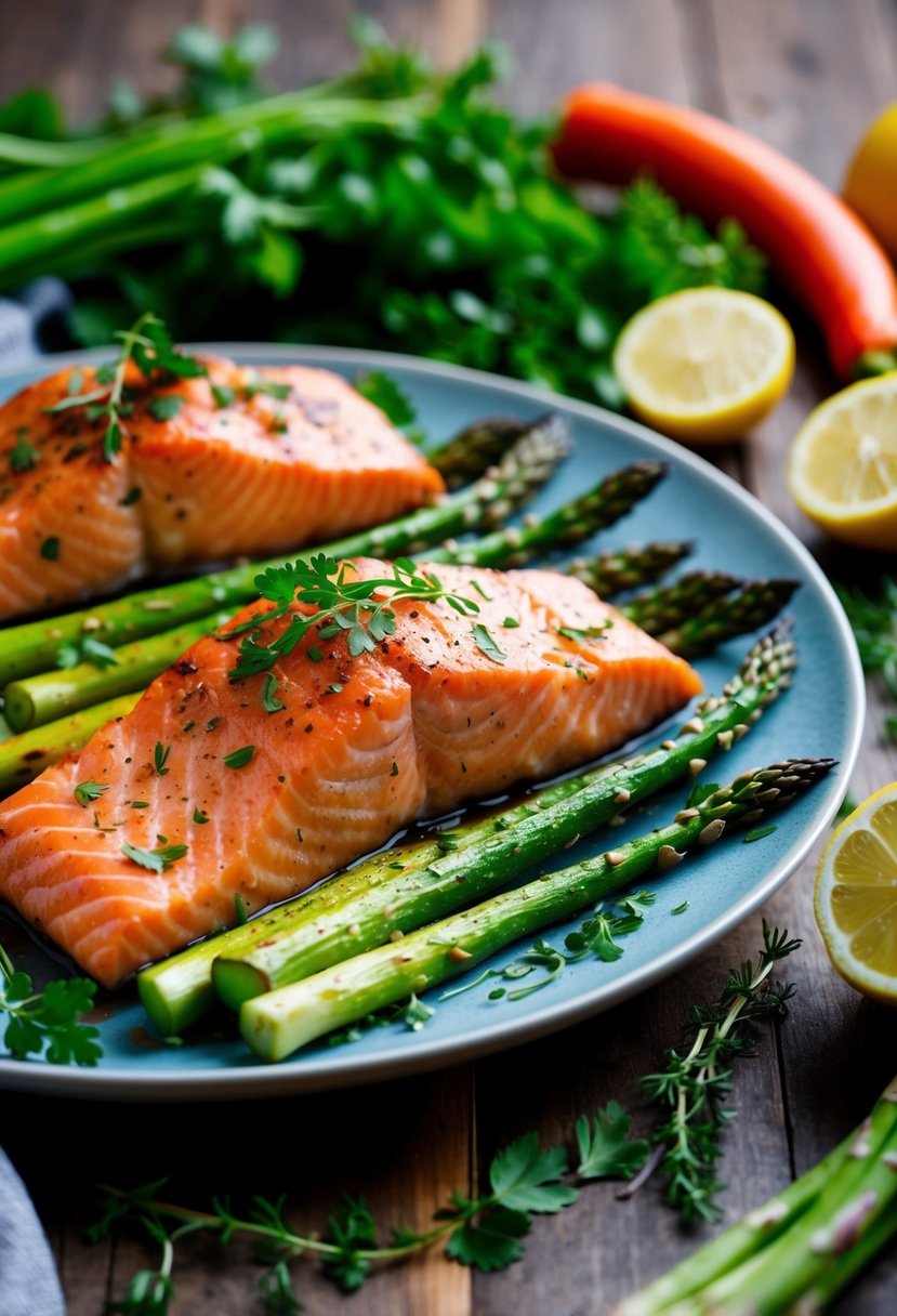 A platter of baked salmon and asparagus, surrounded by fresh herbs and vibrant vegetables