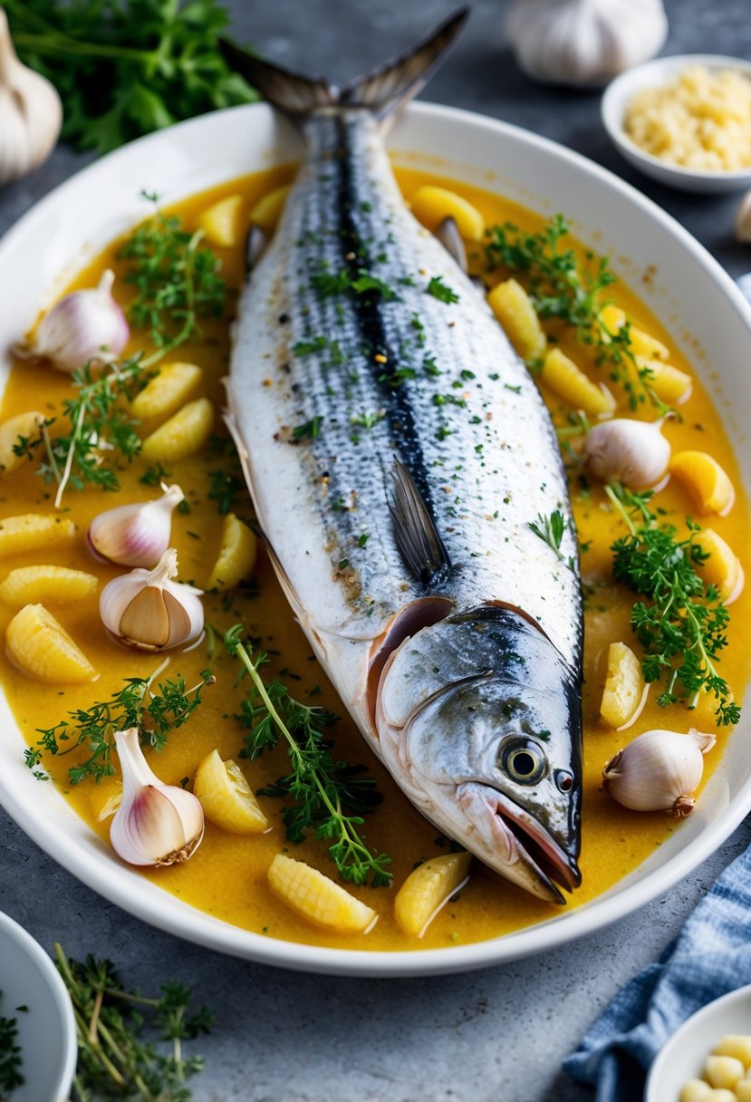 A whole baked mackerel surrounded by garlic cloves, herbs, and low-carb vegetables on a serving platter