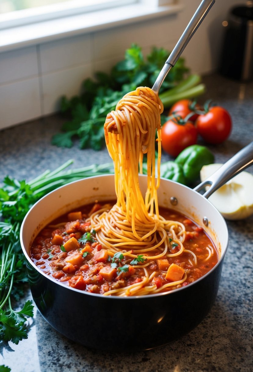 A pot of whole wheat spaghetti simmers in marinara sauce, surrounded by fresh herbs and vegetables on a kitchen counter