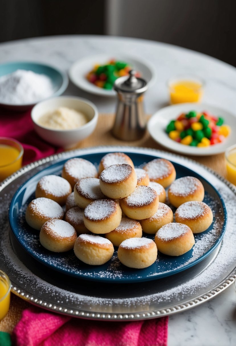 A table set with a platter of sufganiyot surrounded by colorful toppings and powdered sugar