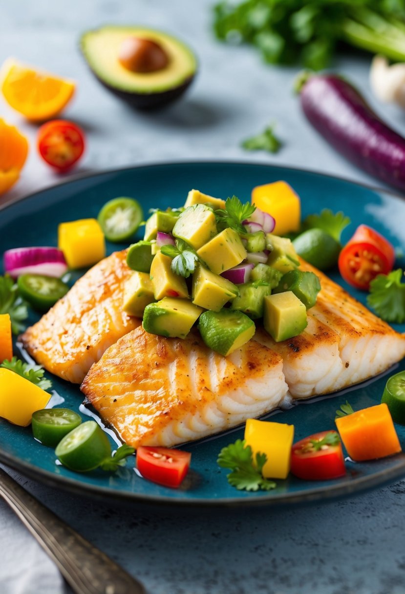 A plate of grilled tilapia topped with vibrant avocado salsa, surrounded by colorful low-carb vegetables