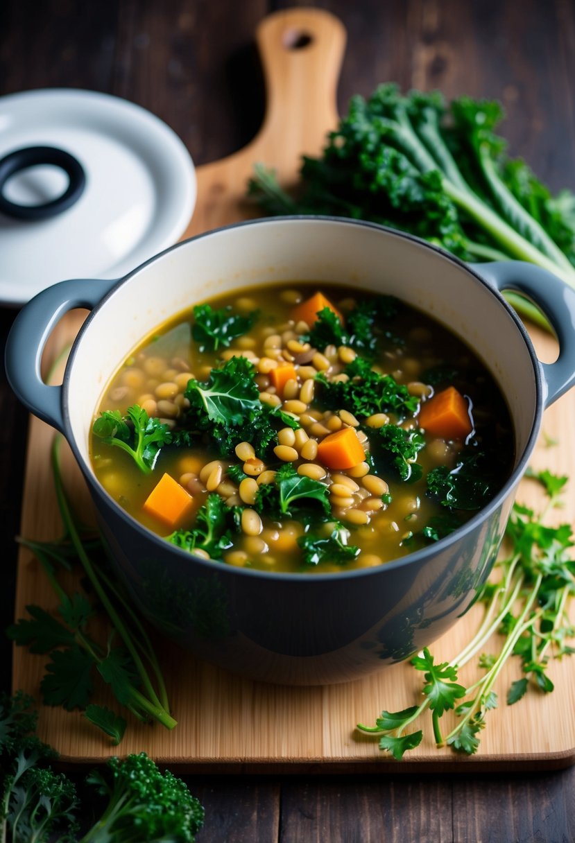 A pot of simmering lentil soup with kale, surrounded by fresh vegetables and herbs on a wooden cutting board