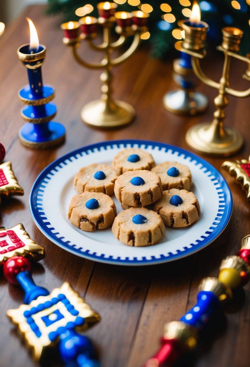 A festive table with a plate of gelt cookies, surrounded by dreidels and menorahs, ready for a Hanukkah celebration