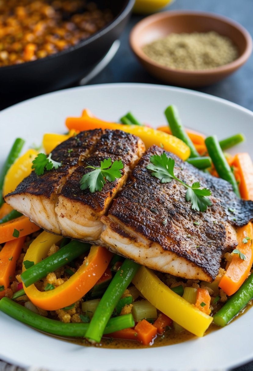 A sizzling blackened snapper fillet on a bed of colorful low-carb vegetables, surrounded by aromatic Cajun spices