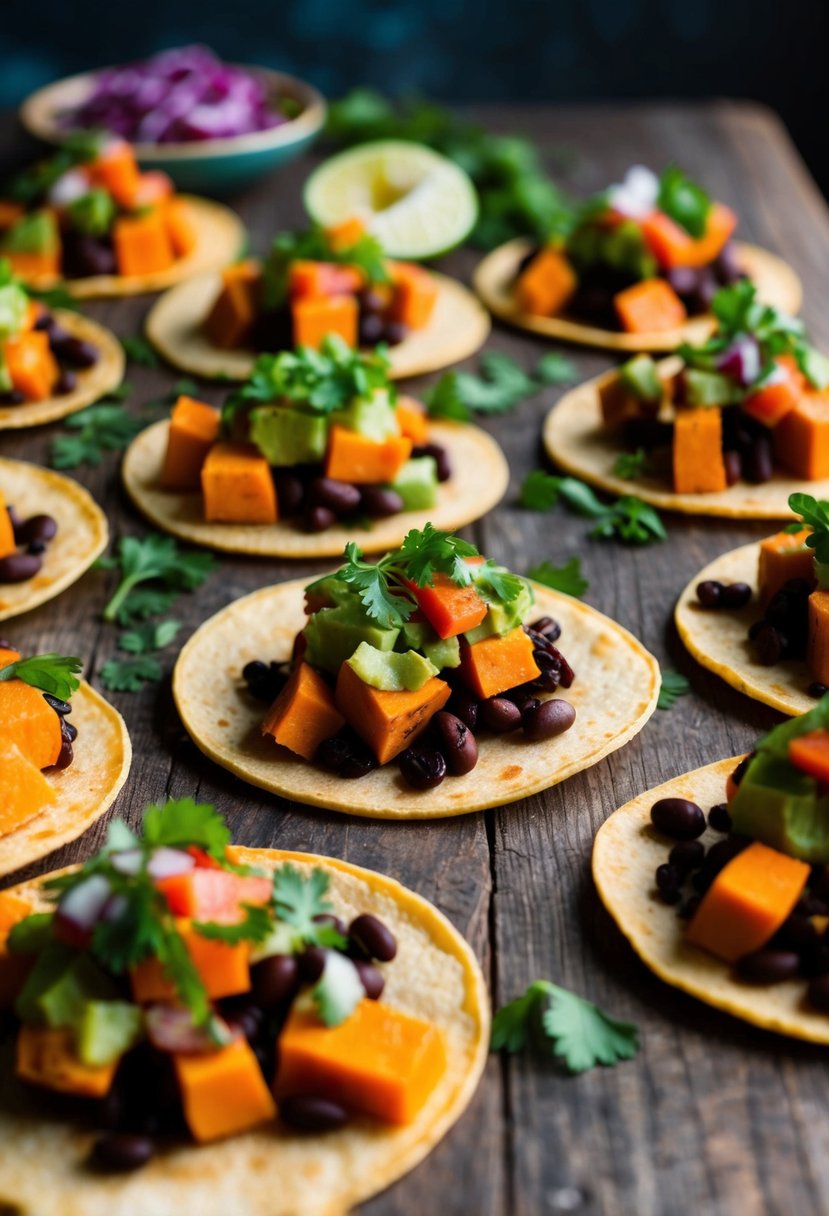 A colorful array of sweet potato and black bean tacos, topped with fresh veggies and herbs, arranged on a rustic wooden table