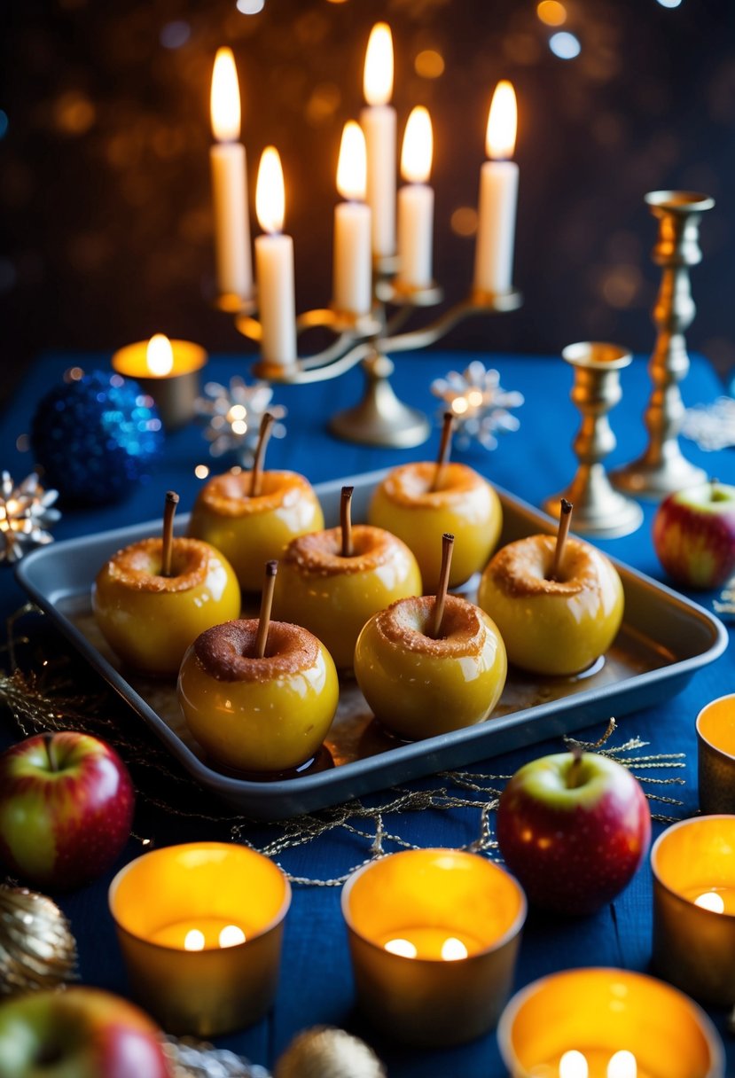 A tray of honey-cinnamon baked apples, surrounded by festive Hanukkah decorations and glowing candlelight