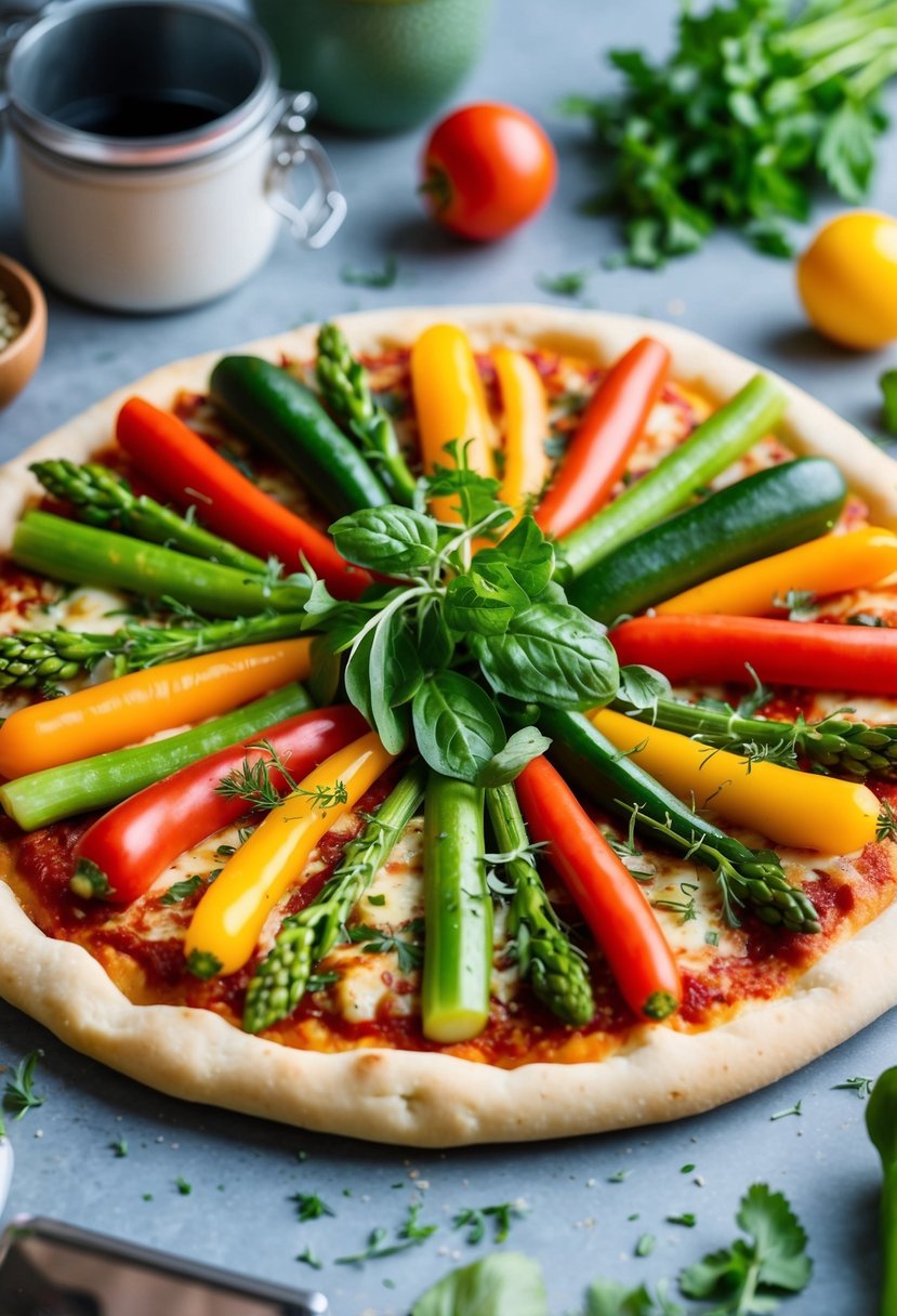 A colorful assortment of fresh vegetables arranged on a round pizza crust, topped with melted cheese and sprinkled with fragrant herbs