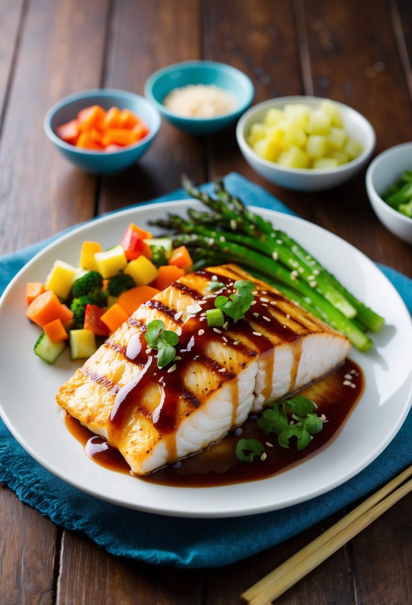 A plate of grilled Mahi Mahi drizzled with teriyaki sauce, accompanied by a colorful array of low-carb vegetables