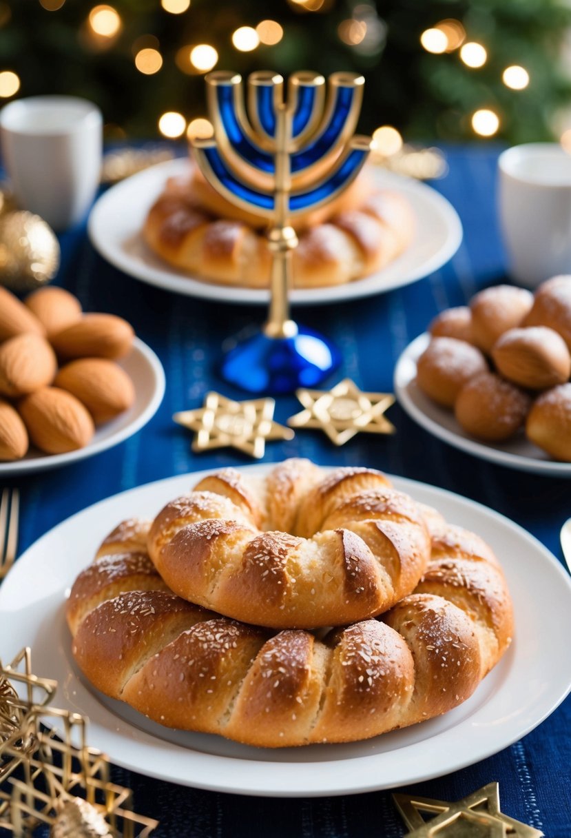 A table set with almond mandel bread, surrounded by hannukah decorations