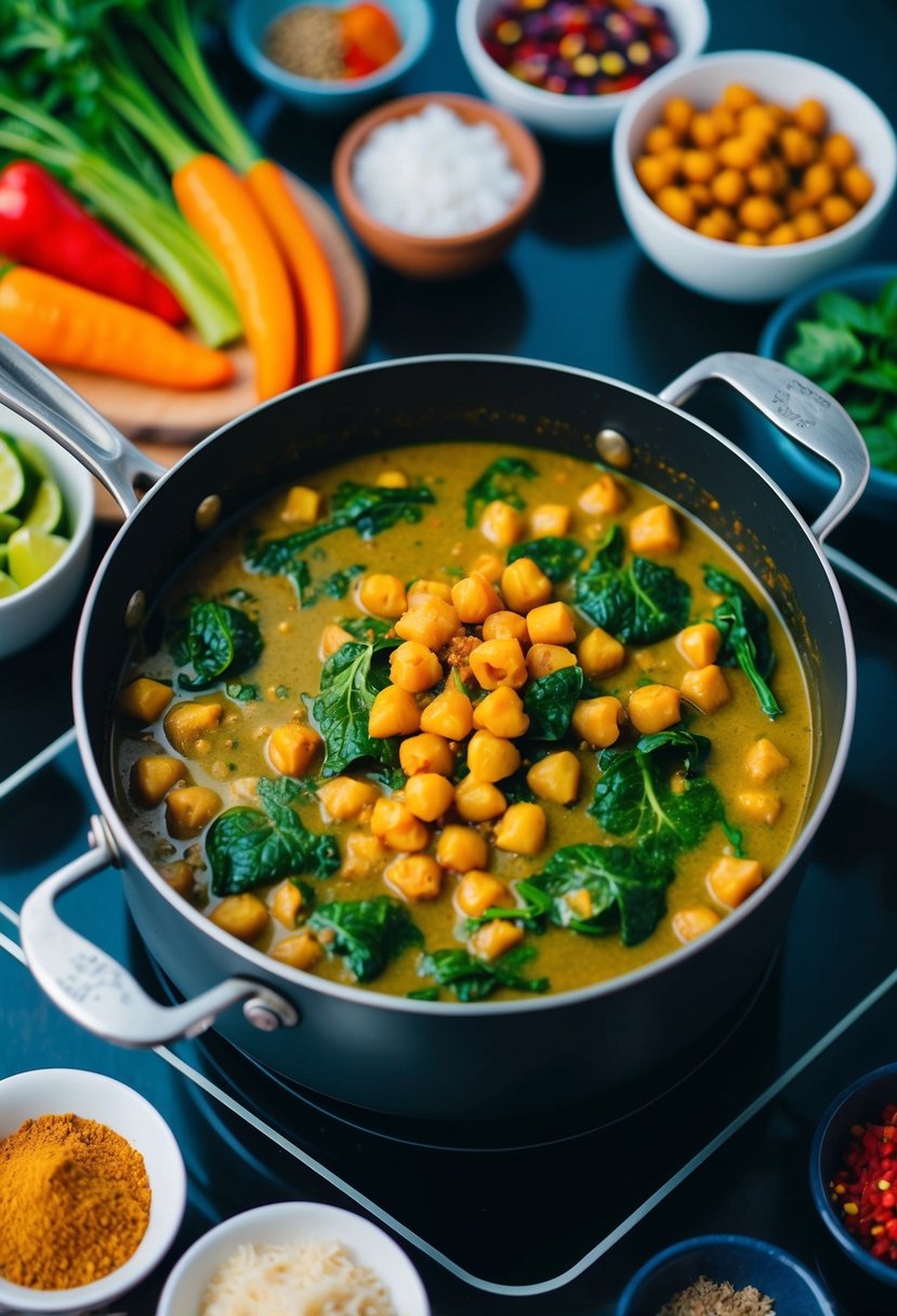 A pot of chickpea curry with spinach simmering on a stovetop, surrounded by colorful spices and fresh vegetables