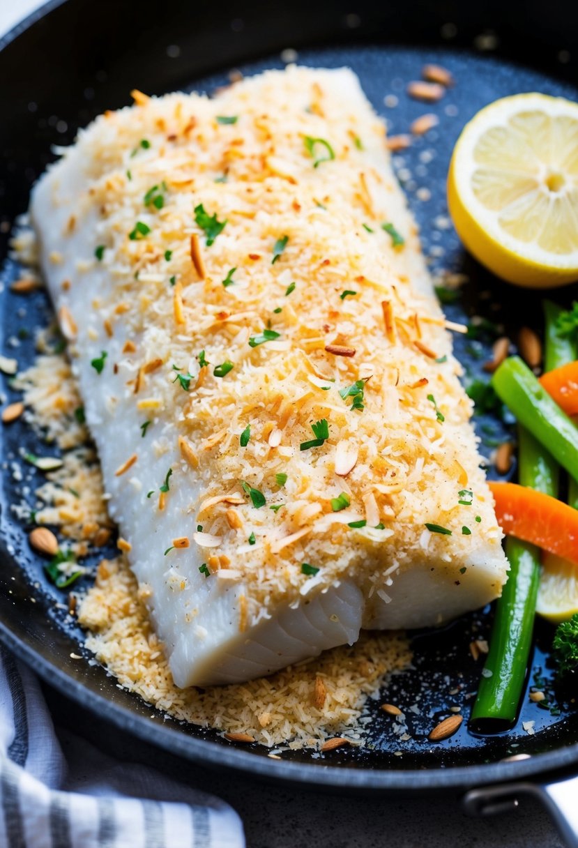 A halibut fillet coated in shredded coconut, almond flour, and seasonings, sizzling in a skillet. A side of fresh vegetables and a squeeze of lemon complete the dish