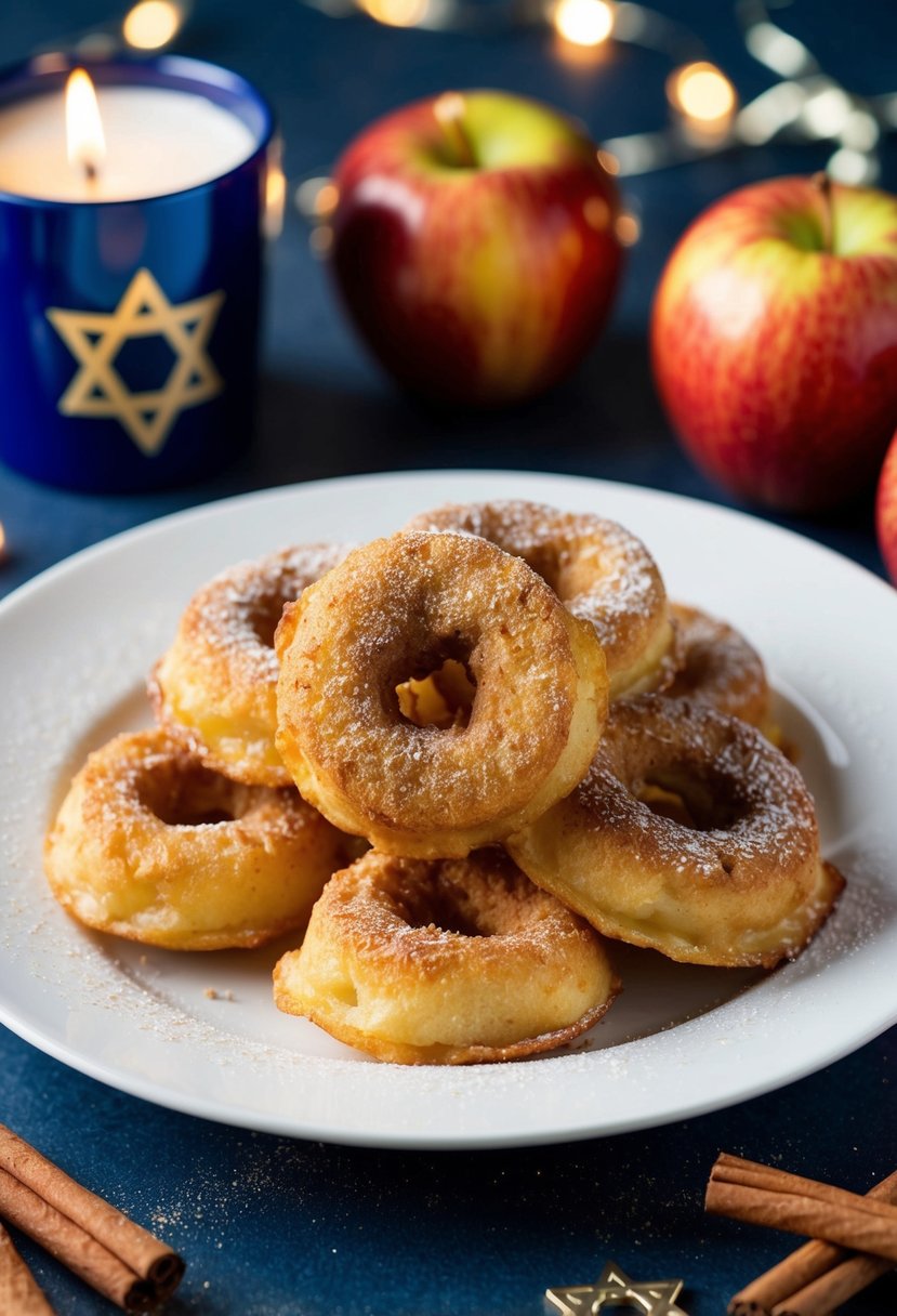 A plate of golden apple fritters dusted with cinnamon, surrounded by Hanukkah-themed decorations