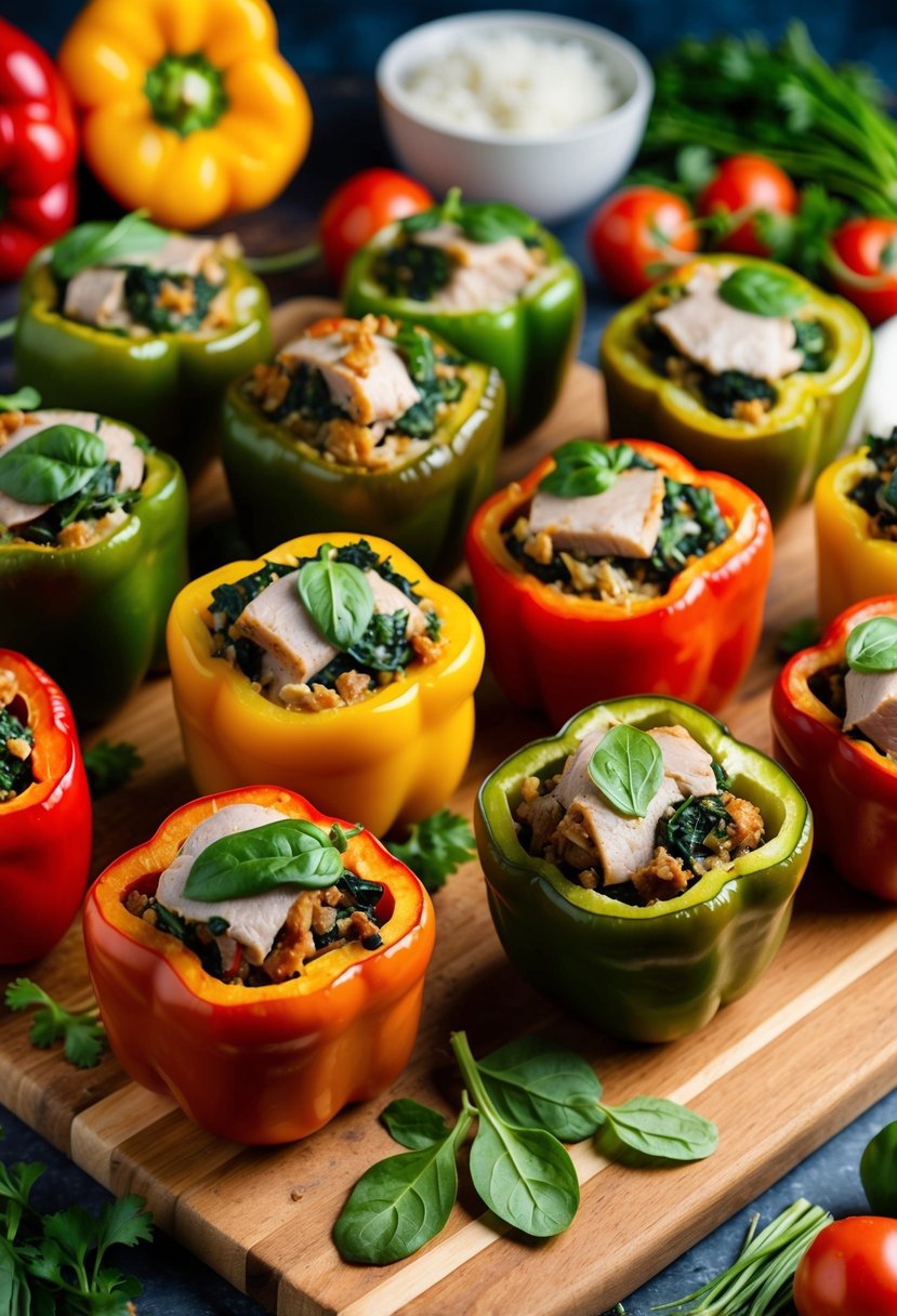 A colorful array of stuffed peppers filled with turkey and spinach, arranged on a wooden cutting board surrounded by fresh ingredients