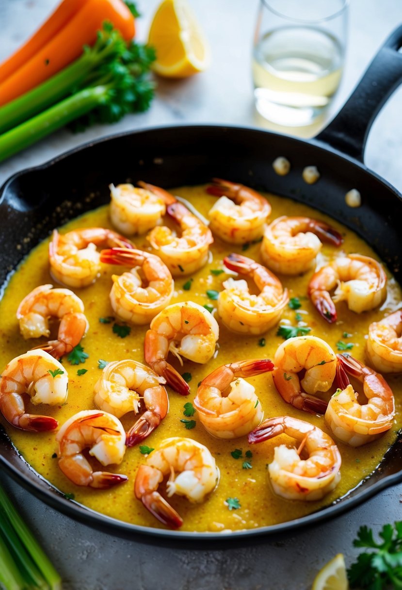 A sizzling skillet of shrimp bathed in a golden dijon-garlic butter sauce, surrounded by colorful low-carb vegetables