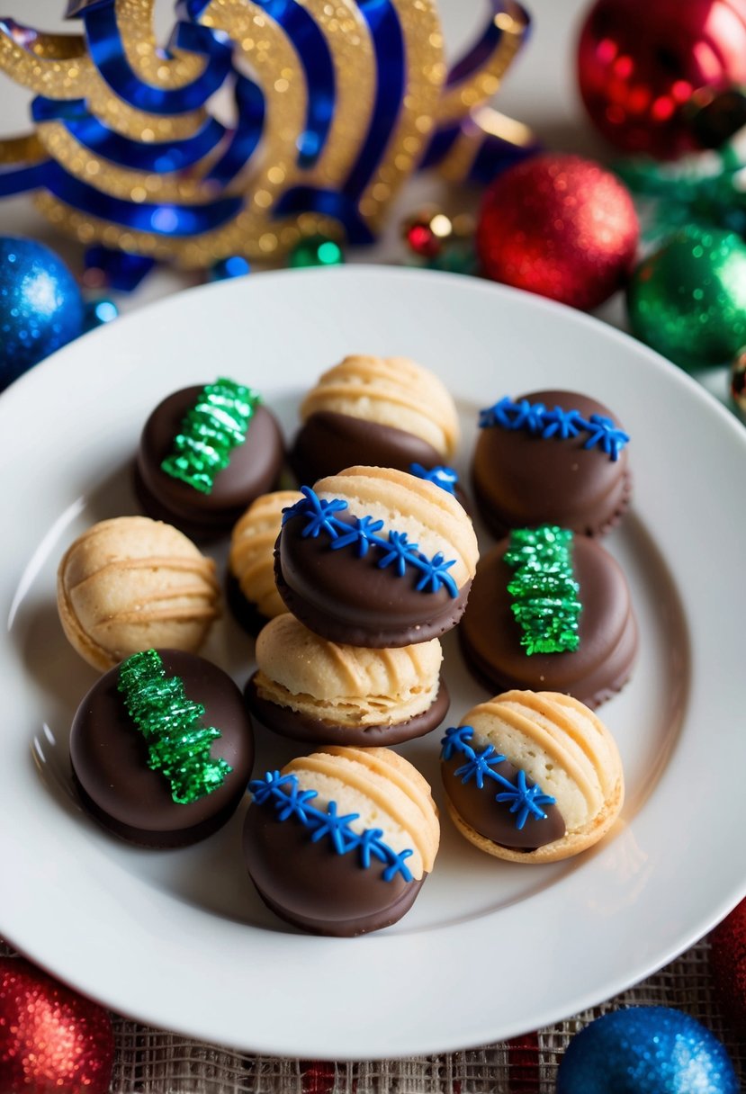 A plate of chocolate-dipped macaroons surrounded by festive Hanukkah decorations