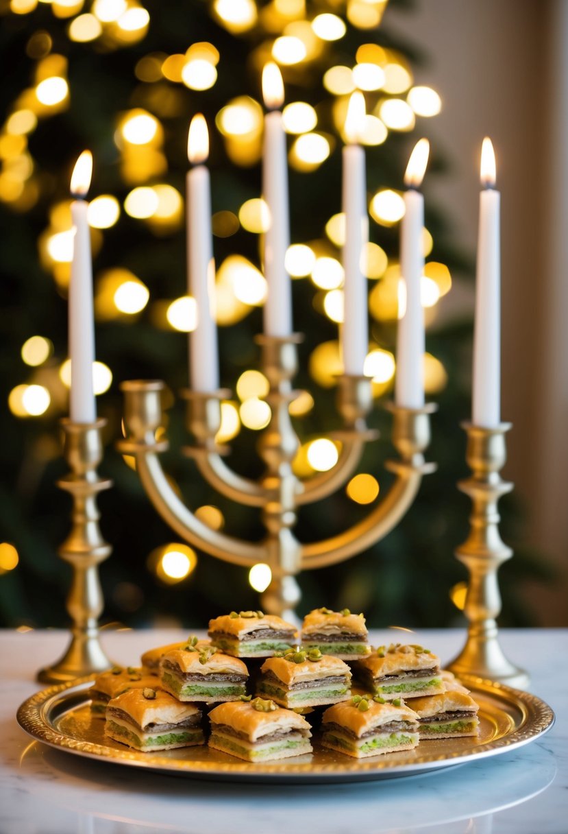 A golden tray of pistachio baklava surrounded by menorah candles