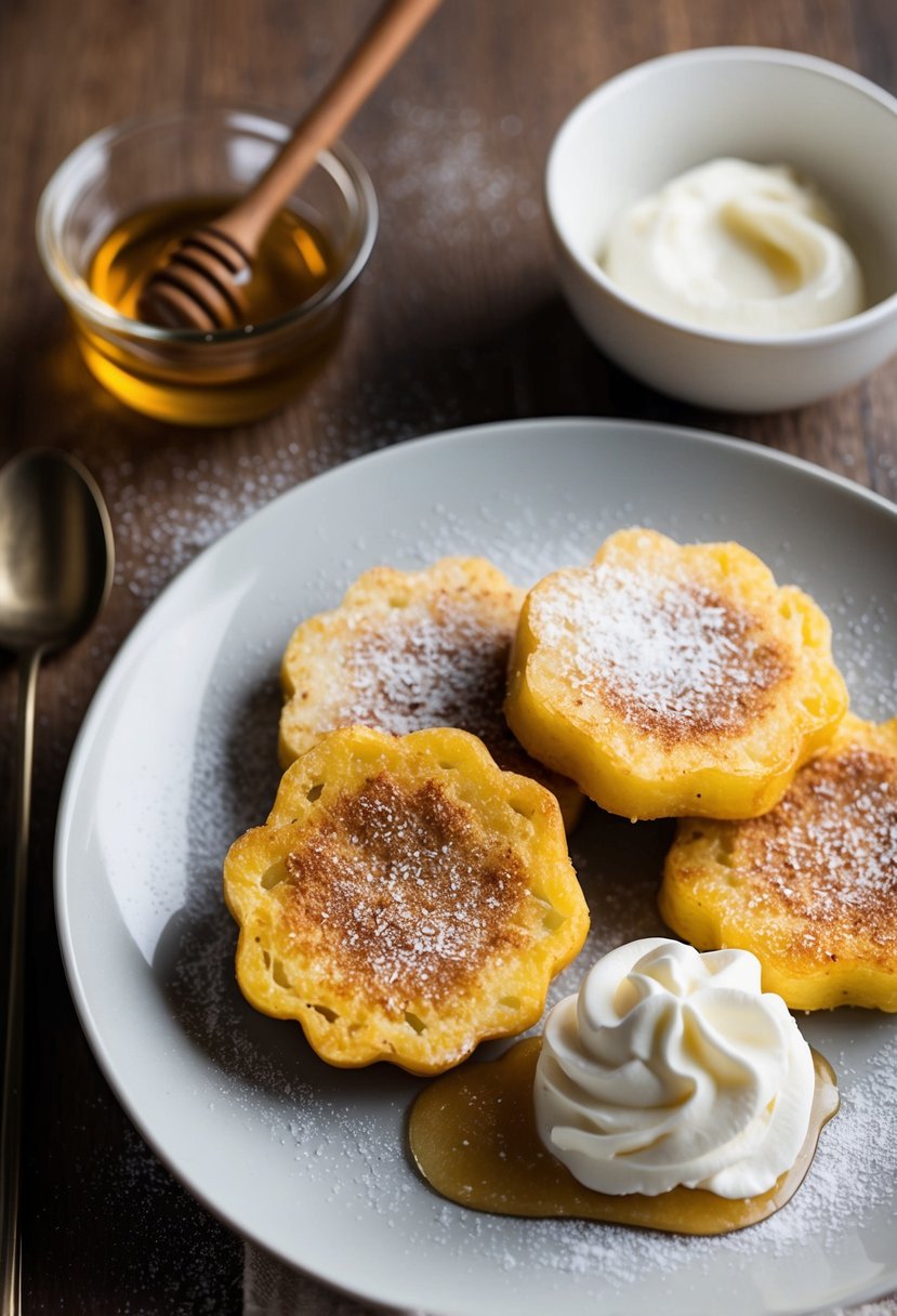 A plate of golden cinnamon sugar latkes, with a sprinkle of powdered sugar, next to a dollop of whipped cream and a drizzle of honey