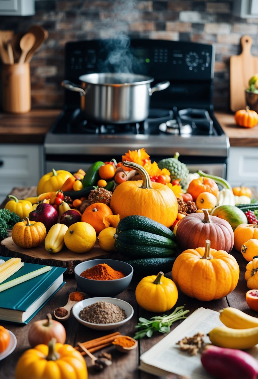 A table spread with colorful autumn fruits, vegetables, and spices, surrounded by cookbooks and a steaming pot on the stove