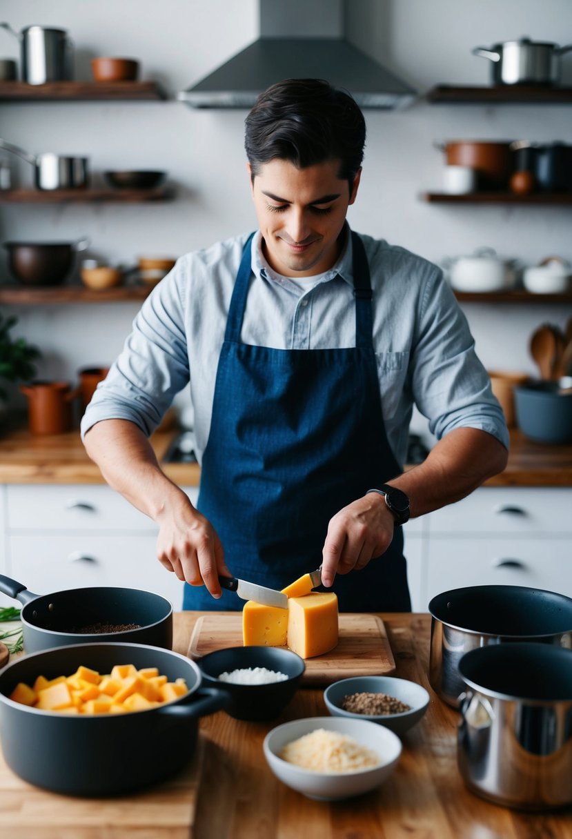 A person cooking with government cheese, surrounded by pots, pans, and ingredients