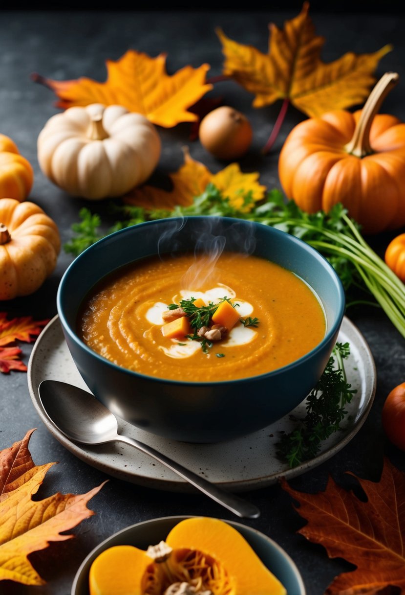 A steaming bowl of butternut squash soup surrounded by autumn leaves and seasonal vegetables